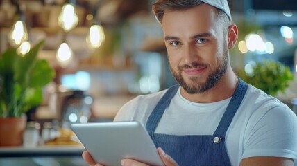 Wall Mural - A man with a beard and a white shirt is holding a tablet