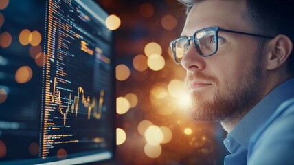 A man is looking at a computer screen with a lot of code on it