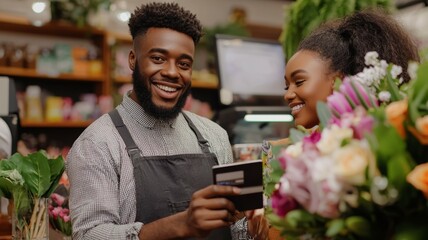 A man and a woman are smiling at each other in a flower shop