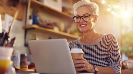 Canvas Print - A woman is sitting at a desk with a laptop and a cup of coffee