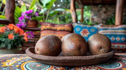 Mamoncillo fruit resting colorful patterned ceramic plate outdoor caf bright vibrant cushion floral arrangement softly blurred behind promoting lively exotic setting Scientific name Melicoccus