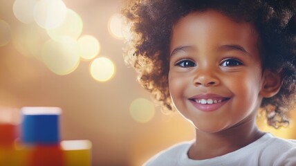 Poster - A young girl with curly hair is smiling and holding blocks