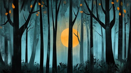 Poster - Silhouetted trees in misty forest with sun peaking through, mystical nature landscape illustration