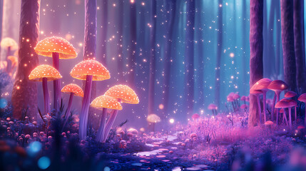 Wall Mural - Fairy lands, magical forest, fungus , enchanting forest, fairy tale, magic forest, generative ai. Magical Forest. Illustration