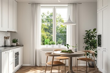 A white kitchen with a wooden table and chairs, a vase with a plant on it, generative ai image