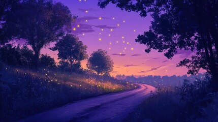Wall Mural - road with trees in the background and a sky with stars. the sky is purple and the stars are shining 