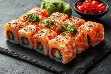 Wall Mural - Exquisite Top View of Traditional Japanese Cuisine: Sushi Rolls with Salmon, Tuna, and Vegetables