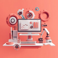 3D illustration of a desktop computer with gears and robotic arm,  representing technology, automation, and innovation