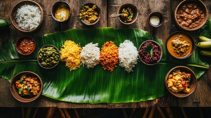 A banana leaf laid out on a traditional feast table, serving as a natural plate for colorful dishes like rice, curries, and chutneys.