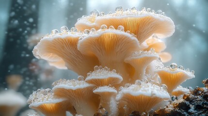 Canvas Print - Delicate Mushrooms with Dew Drops: A Close-Up Photography