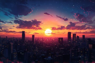 Sticker - Vibrant Sunset over Silhouetted City Skyline