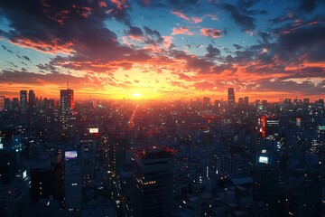 Poster - Stunning aerial view of city skyline during dramatic sunset with vibrant clouds and rays of light