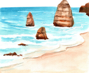 The beach is a sandy paradise for relaxation and fun, hand-drawn watercolor illustration