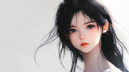 Sticker - Anime girl portrait with black hair and brown eyes, digital art illustration