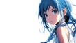 © atar - Anime girl with blue hair and eyes looking off to the side on a white background.