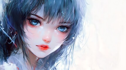 Wall Mural - Anime girl with blue eyes and dark hair digital painting portrait