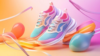 Wall Mural - Colorful Sneakers on a Gradient Background with Abstract Shapes