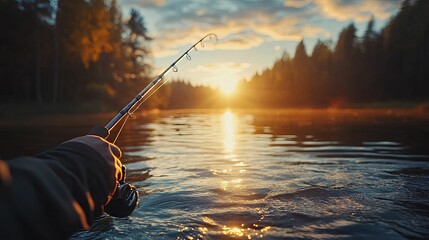 close-up of a fisherman's hand holding a fishing rod with a sunset reflection on the water