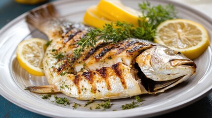 A freshly prepared plate of grilled fish with lemon slices and herbs, evoking the freshness and flavor of seafood cuisine