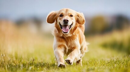 A happy dog running through a grassy field, ears flapping in the wind and tail wagging, capturing the joy of outdoor play.