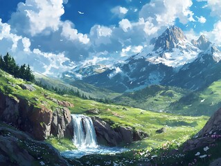 Canvas Print - Fantasy Mountain Landscape with Waterfall, Green Grass, and White Clouds