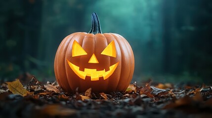 Wall Mural - A glowing jack-o'-lantern sits on a forest floor covered in leaves, embodying the spirit of Halloween with its mischievous grin.