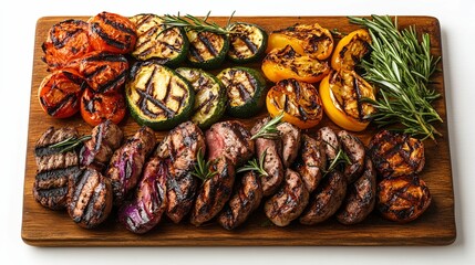 Wall Mural - Grilled Meat, Vegetables, and Rosemary on a Wooden Cutting Board