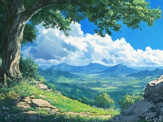 Wall Mural - Mountain Landscape with Green Meadow, Blue Sky and White Clouds