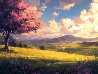 Poster - Peaceful landscape with cherry blossom tree, hills, and valley under a blue sky with white clouds