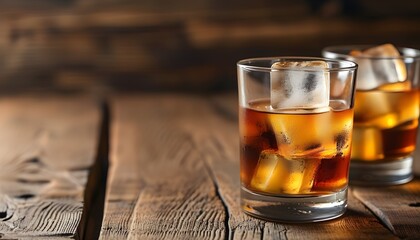 Elegant whiskey glasses with ice on rustic wooden table, inviting atmosphere for relaxation and contemplation