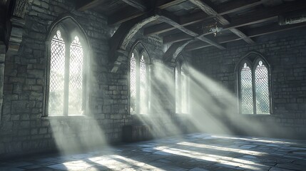 Sticker - Sunlight streams through gothic arched windows in an ancient stone building