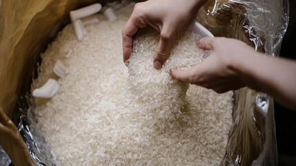 A top-down view of a rice container being filled with long-grain white rice from a large bulk bag, showing home storage solutions.