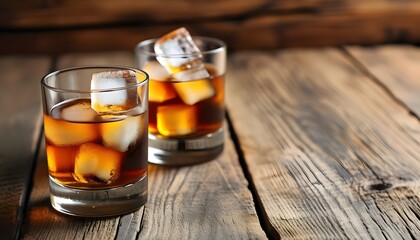 Wall Mural - Elegant whiskey glasses with ice on rustic wooden table, inviting atmosphere for relaxation and contemplation