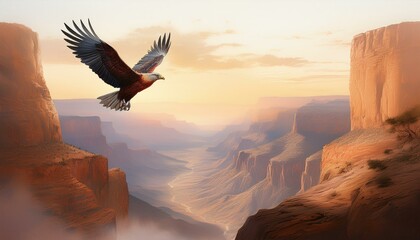 Wall Mural -  A lone eagle soaring over a vast canyon, the bird silhouetted against a soft watercolor sky,