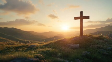 a wooden cross standing tall on a hilltop during sunrise, symbolizing hope and renewal in a serene l