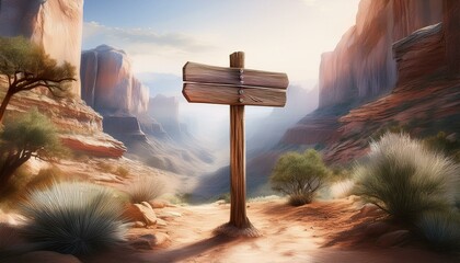  A rustic wooden signpost standing at the entrance to a canyon trail, with a subtle watercolo