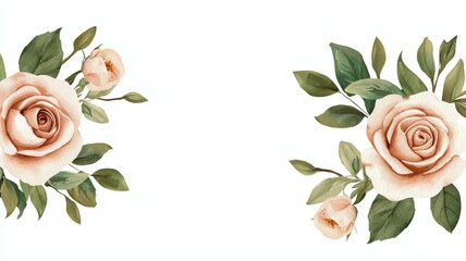 Wall Mural - A white background with a pink rose and green leaves