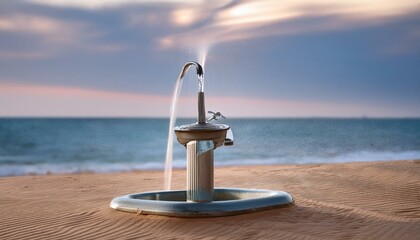 Wall Mural - A small, functional drinking fountain set on a sandy beach, with water arcing into the air