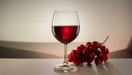 Poster -  A wine glass filled with red wine, accompanied by a small bunch of grapes, set on a simple, 