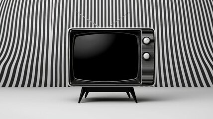 Wall Mural - A black and white television is sitting on a stand in front of a striped wall