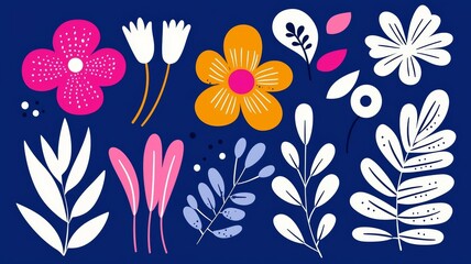 Wall Mural - A blue background with a variety of flowers and leaves