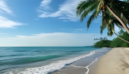 Tropical paradise with palm trees, coconuts, and a sunlit sea view under a clear blue sky