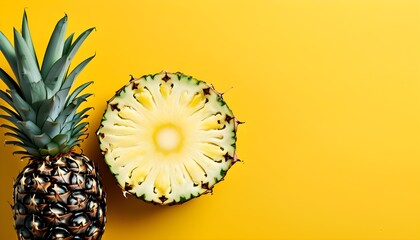 Vibrant arrangement of fresh pineapple slices on a sunny yellow backdrop, celebrating healthy eating and colorful food presentation