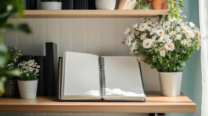 A decorative document shelf with an open notebook, fresh flowers, and motivational prints creating a cheerful office vibe.