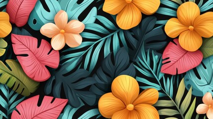 A colorful tropical flower pattern with a blue background