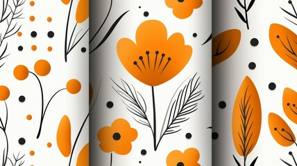 A series of three orange and white flowers with black stems