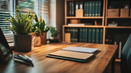 A professional desk with a notebook and a neatly organized document shelf, showcasing an efficient and inspiring workspace.