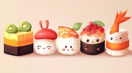 Poster - Kawaii Sushi Illustration with Cute Faces