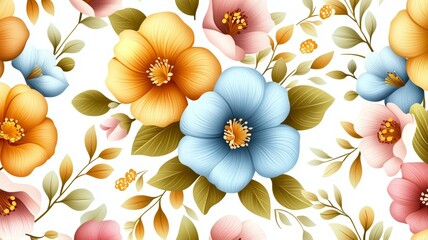 Wall Mural - A colorful flower pattern with blue and yellow flowers