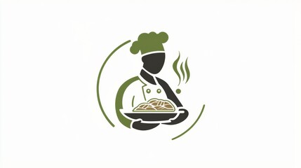 Wall Mural - Chef Logo with Steam Rising from a Platter in Simple Green and Black Lines on a White Background